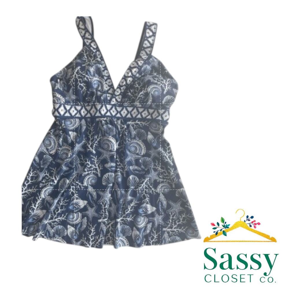 ✨ Navy Blue Nautical Seashell Swim Tankini Top V-Neck Border L NWOT ⚓